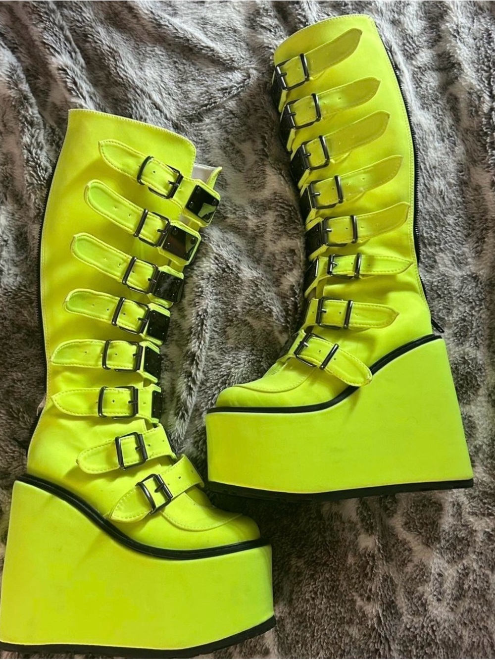 RARE AF Demonia Neon Yellow Multi-Buckle Platform Knee-High Boots size 6, NEW